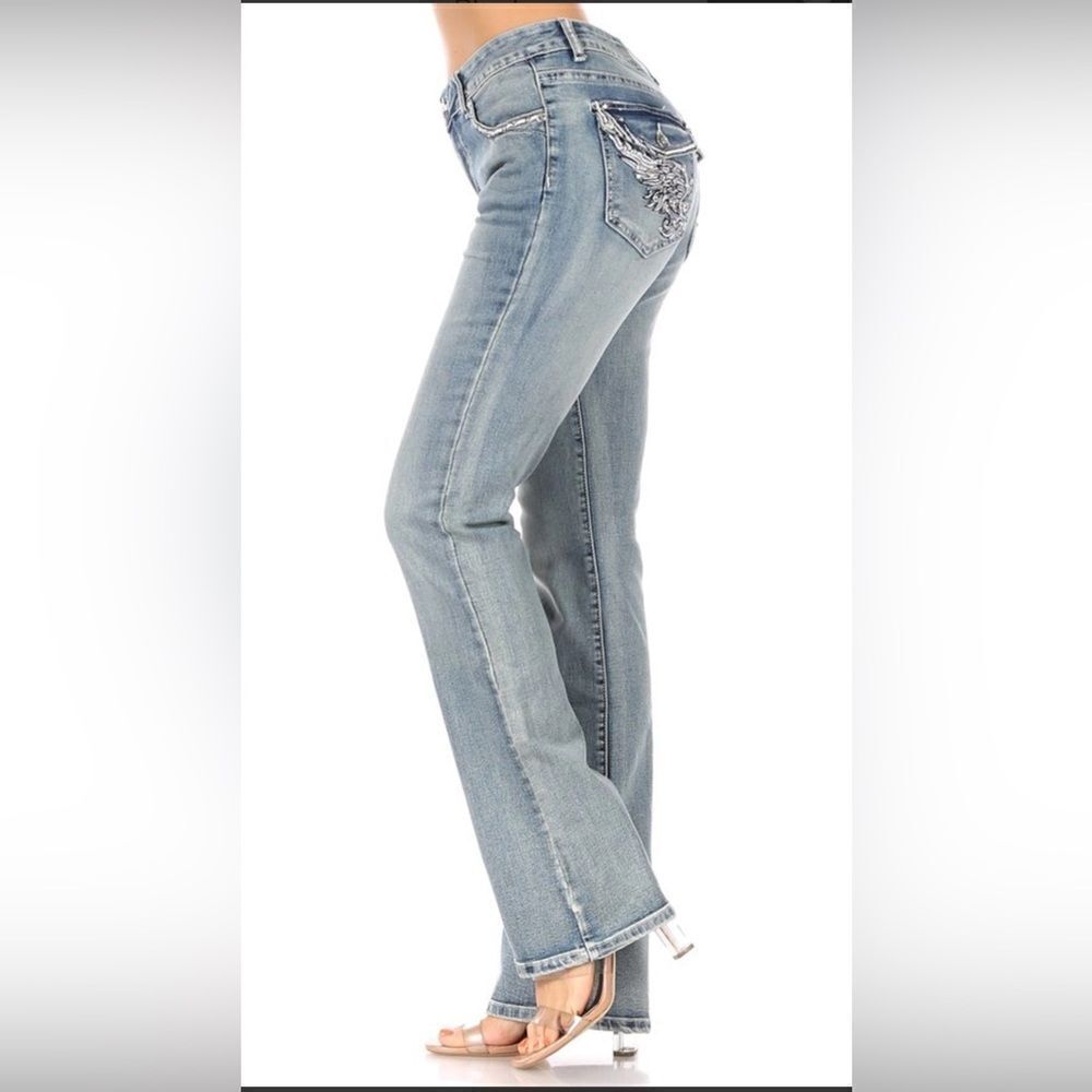 Platinum Plush Rhinestone Angel Wing Bootcut Jeans - Picture 3 of 4